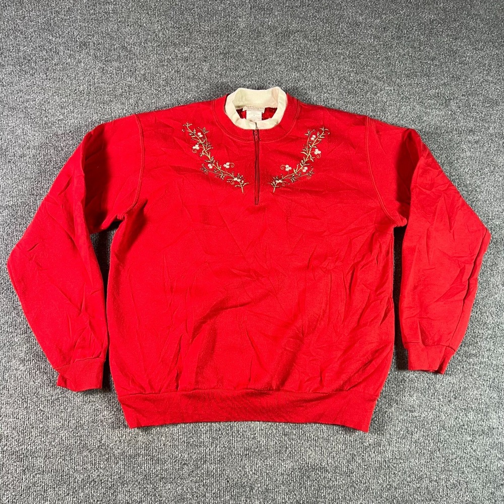 VTG Top Stitch by Morning Sun Sweatshirt Womens L Red 1/4 Zip Embroidered Floral